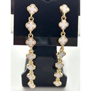 Gold Plated White Enamel Dangle Earrings With Elegant Floral Motif
